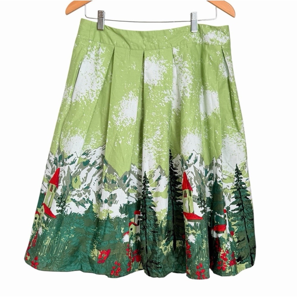Alpine Village Scenic Pleated A-Line Skirt Womens Size L Green Holiday - Picture 3 of 10
